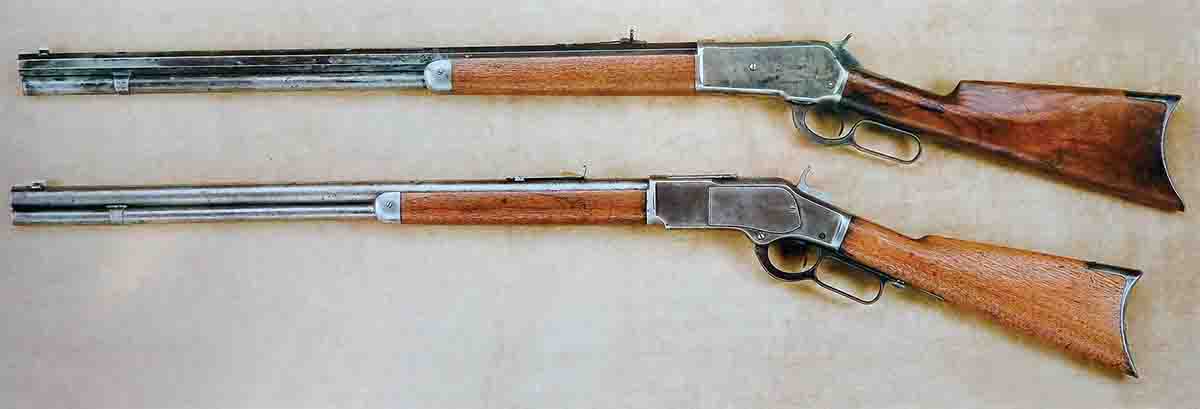 Until well after the advent of smokeless powder and the introduction of bolt-action rifles, large-bore Winchester rifles, like this 1886 (top) and 1873 (bottom), were the most popular rifles in Alaska.